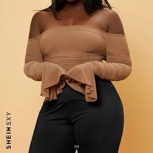Off Shoulder Flounce Runched Glitter Tee Top